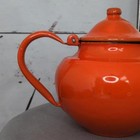 Orange Enamel Teapot  Vintage Enamel Tea Kettle  Enamelware Tea Pot Mcm