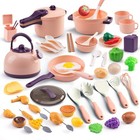 Kids Mini Play Kitchen Accessories 60pcs Pretend Cooking Set Pink