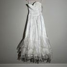 Vintage 1980s Mendicino White Strapless Ruched Ruffle Hem Wedding Dress Medium