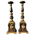 Vintage Wooden Hand Painted Candlesticks Set With Bouquets Of Flowers 18in Tall