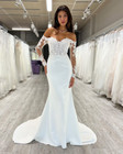 Mermaid Satin Wedding Dresses Off Shoulder Long Sleeve Lace Applique Bridal Gown