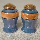 Vintage Ceramic Salt   Pepper Shakers Blue Orange Gold Banded Retro Mcm
