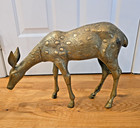 Pair Of Vtg Large Spotted Solid Brass Deer Statues Heavy  Buck   Doe Patina Read