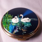 1950s Stratton Compact   Lipstick Holder Set - Swans On Pond Blue Enamel