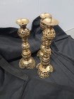 Tall Pierced Vintage Brass Candle Holders Adjustable Filigree - Set Of Two