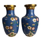 Antique Chinese Brass Cloisonne Blue Painted Floral Vases - Set Of Two