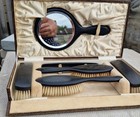 Vtg 7 Piece Cased Dressing Table  Vanity Grooming Set Mirror Brushes Comb Box