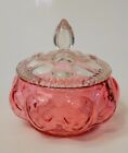 Vintage Fenton Cranberry Optic Glass Vanity Set Powder Jar   2 Perfume Bottles