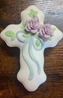 Beautiful Vintage Cross Shaped Trinket Jewelry Box Purple Roses Bisque Finish