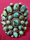 Magnificent Vtg Native American Sterling Turquoise Cluster Huge Cuff Bracelet