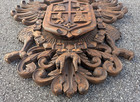 Wooden Carved Spanish Toledo Coat Of Arms With 2 Headed Eagle Crown Cross 35 