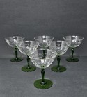 6 Rare Vintage Clear Etched Glass Champagne Glasses Green Stems Leaf Dot Design 