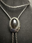 Vintage American Indian Sterling Silver   Onyx Flower Bolo Tie W  Silver Tassels