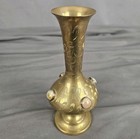 Vintage 7    Etched Brass Flower Bud Vase From India With 4 Stones