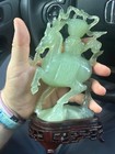 Vintage Chinese Carved Green Celadon Jade Horse Tang Wood Base