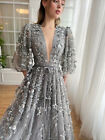 V-neck Wedding Party Evening Dress Grey Ball Female Dresses Prom Deess