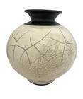 Vintage Studio Pottery Raku Vase Signed Crackle Glaze Black White 9   