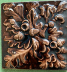 3 Antique Majolica Pottery Tiles Acorns Flower Browns Glossy 6  X 6 