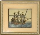 Antique Reverse-painted Glass Panel 17thc Galleon Ship Leaded   Framed  Maritime