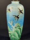 Japanese Meiji Cloisonn   Ginbari Vase Swallows Waves Sky Blue Fine Wire Work 6  