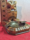 Vintage Owl Ashtray Hand Carved Glass Eye Wood Brass Insert Very Good Condition