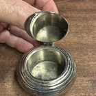 Vintage Small Round Metal Pill Box  Hinged Lid  Silver Tone  Blue Felt Bottom