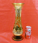 Gorgeous Antique Large Flower Vase Bohemian Green Glass Enamel   Gold  jeweled 