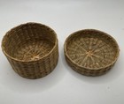 Round Lidded Trinket Basket Rattan Wicker Sweetgrass 3inch Small Mini Vintage