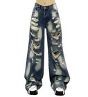 Women s Blue Denim Jeans Straight Leg Punk Hip Hop Ripped Casual Pants Trousers