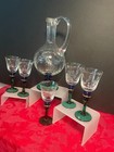 Vintage Romanian Crystal Decanter And Cordial Glasses Emerald Green Cobalt Blue