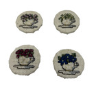 Cross Stitch Tea Cup Flower 1 1 2  Button Covers Handmade Silver Back  Lot Of 4