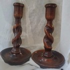 Pair Of Atq English Oak Barley Twist Taper Candlesticks Holders 7 5  Wide Base