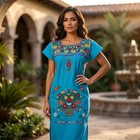 Mexican Embroidered Huipil Dress Black Floral Short Sleeve Traditional Sz M