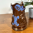 Antique Copper Luster Pitcher Raised Relief England C  1840 s Dancers Blue