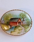 Vintage Hand Painted Porcelain Brooch Pin Covered Bridge Artist Signed Gold Tone