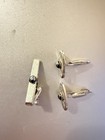 Silver Tone Cuff Links And Tie Clip With Grey Bead 