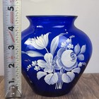 Hand Painted 4 5  White Floral Motif Cobalt Blue Glass Vase