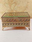 Vintage Ormolu Gold Filigree Beveled Glass Jewelry Footed Box