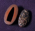 Antique  Shakudo Fuchi Kashira Nanako Ground Gold Inlay Peony Design W  Box
