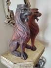  Antique Pair Of Large Heavy Hand Carved Wood Lions For Mantle
