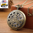 Antique Steampunk Vintage Roman Numerals Quartz Pocket Watch Bronze Case Necklac