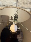 Antique Pair Brass Stiffel Table Lamps  Beige Fabric Shades  Solid Brass