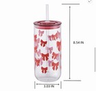 Set Of 2 - 20 Oz Clear Glass Tumbler W  Lid   Straw  Red Pink Bow Pattern