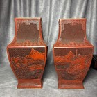 Pair Of A30 Chinese Old Red Tick        Flower Vase Red Lacqer Ware W Stands 12 5   