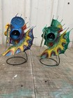 Set Of 2 Blow Fish Candle Holder Metal Colorful Art Nautical Patio Home Decor