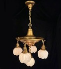 Antique Vtg 5 Light Ornate Pan Fixture Restored Art Deco Nouveau Lotus Shades