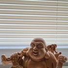Carved Laughing Smiling Buddha Buddhism Statue Figure On Wooden Wood Base