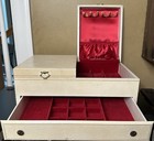 Vintage Mid Century Modern Jewelry Box Cream Leatherette 3 Tier Split Lid Chest 