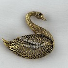 Vintage Swan Brooch Pin Elegant Bird Ice Rhinestone Openwork Gold Tone Estate