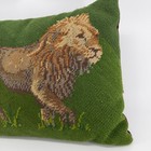 Vintage Lion Needlepoint Pillow Green Brown Velvet Back Safari Animal 14x10